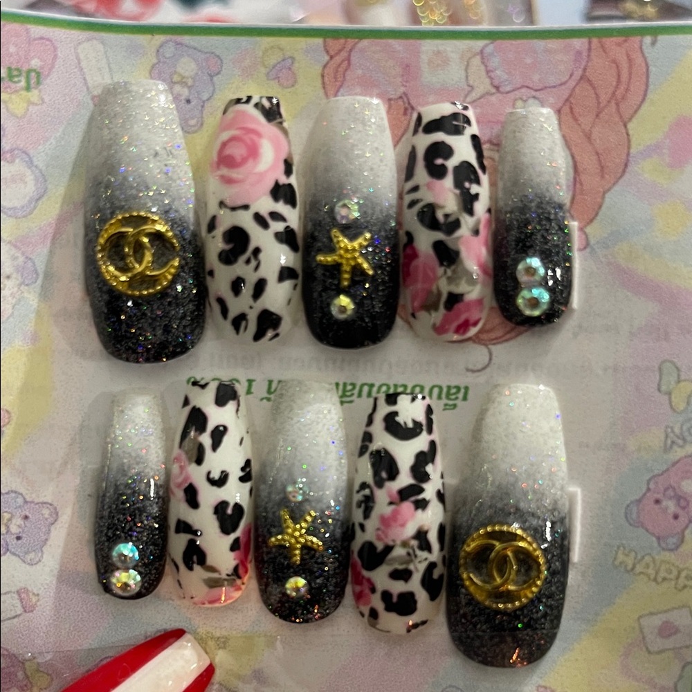 Glam Ombre Leopard & Floral Press-On Nails - Pink, Black & White